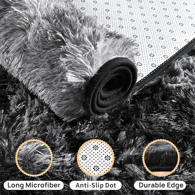 Fluffy Carpet for Living Room, Furry Carpet for Teen, Shaggy Rug for Nursery Room, Black Grey Fuzzy Plush Rug for Dorm 6x9 Feet