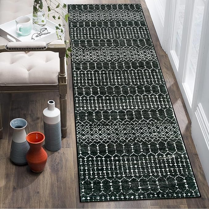 Lahome Moroccan 2x6 Black Runner Rug Non-Slip, Kitchen Rug Runner Washable Non-Skid Hallway, Geometric Print Distressed Carpet for Entryway Laundry
