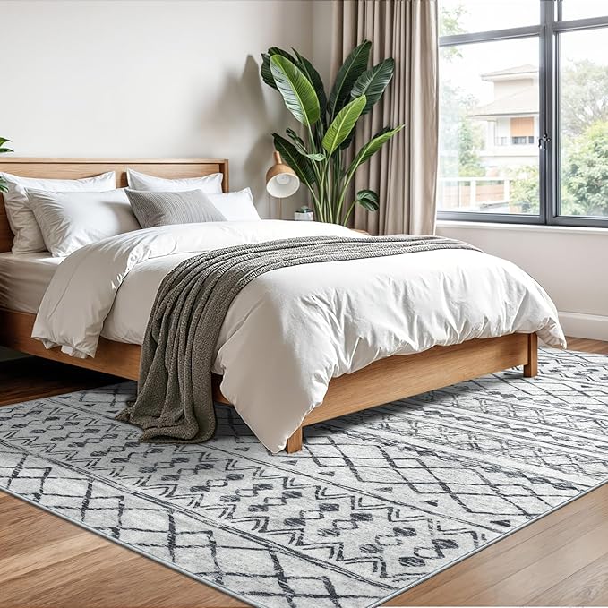 KUTA Boho 6x9 Area Rugs, Moroccan Washable Kitchen Entry Rug Non Slip, Grey Ultra Soft Print Distressed Geometric Low-Pile Throw Carpet for Bedroom Nursery Dorm Decor