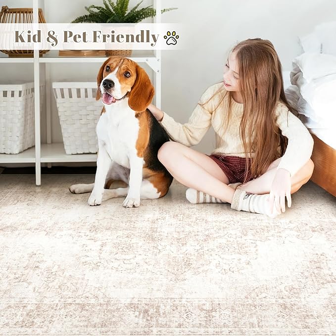 Vintage Living Room Area Rug - 8x10 Large Machine Washable Boho Moroccan Rug Distressed Farmhouse Rugs for Bedroom - Soft Non-Slip Indoor Carpet for Dining Room Office Nursery(Retro Beige, 8'x10')