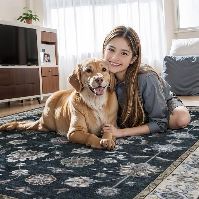 Tangsoo Floral Runner Rug 2x6 Washable Rug for Hallway, Non-Slip Vintage Black Runner Rug for Entryway Indoor, Brown Print Carpet Runner Rugs, Soft Low Pile Long Rug Runner for Kitchen
