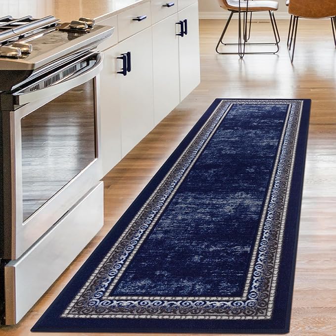 Antep Rugs Alfombras Bordered Modern 2x5 Non-Slip (Non-Skid) Low Pile Rubber Backing Kitchen Area Runner Rug (Navy, 2' x 5')