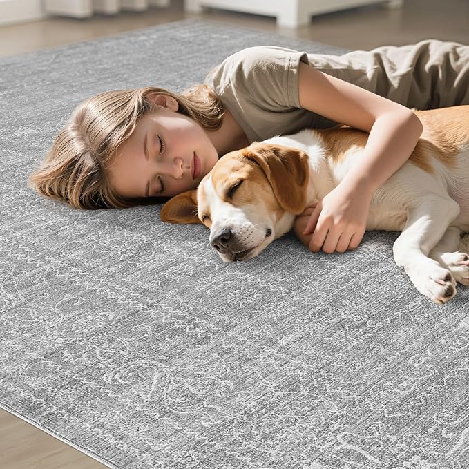 5x7 Area Rugs Living Room: Washable Large Vintage Grey Rug Neutral Non-Slip Soft Stain Resistant Indoor Carpet for Bedroom Nursery Dining Room Under Table Bed Home House Office Playroom