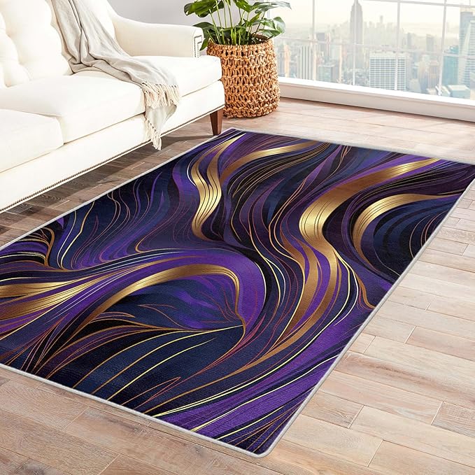 Purple and Gold Rug, 6x9 Rug, Luxury Rugs for Living Room Bedroom, Abstract Large Area Rug, Washable Rug Non Slip Soft Indoor Carpet, Purple and Gold Home & Room Decor