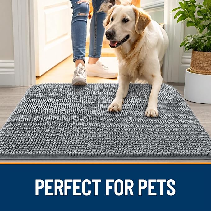 OLANLY Dog Door Mat for Muddy Paws 44x32, Absorbs Moisture and Dirt, Absorbent Non-Slip Washable Doormat, Quick Dry Chenille Mud Mat for Dogs, Entry Indoor Entryway Carpet for Inside Floor, Grey
