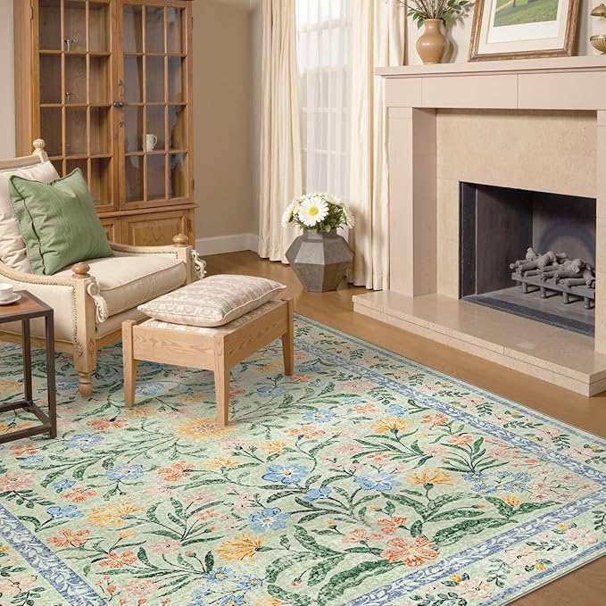 Lahome Boho Light Green Large Area Rugs for Bedroom 9x12, Floral Washable Rugs Living Room, Soft Non-Slip Thin Rug for Nursery Kids Playroom Tween Girls Home, Tea Green