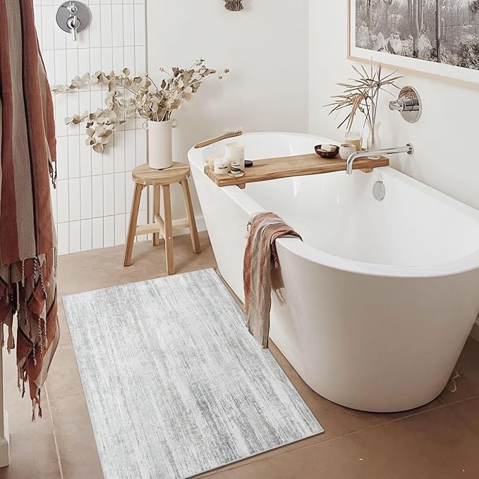 MUJOO Small Rug Washable,2x3 Area Rugs for Entryway Entry Entrance Bedroom Bathroom,Modern Abstract Low Pile Throw Rug,Front Door Mat Non Slip Accent Neutral Carpet Indoor Grey