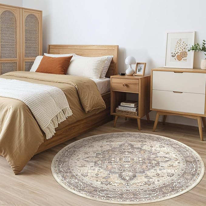 Round Rug Living Room Rugs: 7x7 Washable Boho Neutral Large Circle Soft Indoor Floral Stain Resistant Floor Farmhouse Carpet for Bedroom Nursery Kids Playroom Office Dining Room Dorm Home- Beige Brown