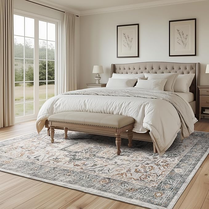 Large Farmhouse Area Rugs 9x12 for Living Room, Distressed Medallion Printed Big Carpet Rugs for Bedroom Under Bed, Washable Non Slip Low Pile Thin Rugs for Dining Room, Grey/Orange-Brown