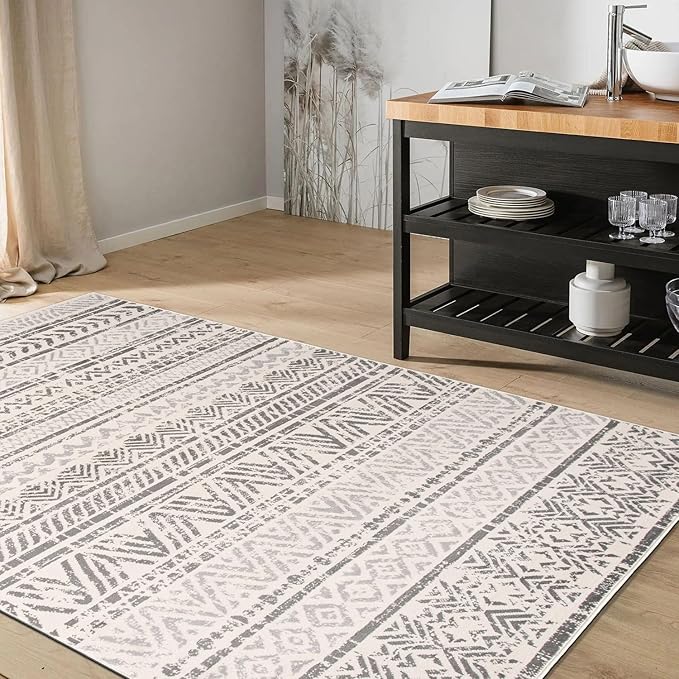 Rugshop Geometric Boho Area Rug – Gray Tribal Pattern, Perfect for Living Room, Bedroom, Dining Room, 4' x 6'
