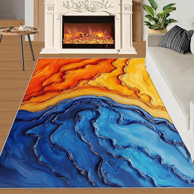 Navy Blue Rugs for Bedroom - 2x3 Area Rug - Abstract Blue Orange Rugs for Living Room, Modern Simple Art Rug, Washable Home Decor Carpet