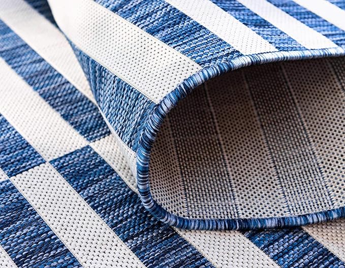 Unique Loom Outdoor Striped Collection Area Rug - Striped (2' x 6' 1" Runner, Blue/Ivory)