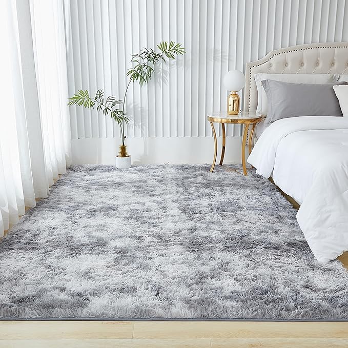 Andency 8x10 Area Rugs for Living Room, Upgrade Non-Slip Fluffy Soft Large Shag Bedroom Carpet, Tie-Dyed Light Grey Big Indoor Thick Nursery Rug for Kids Dorm Home Decor Aesthetic