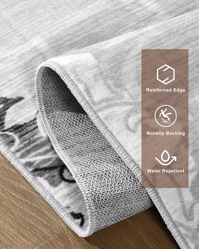 Washable Abstract Rug, 4x6 Classic Grey and White Floral Area Rugs with Non-Slip Rubber Backed for Bedroom, Low Pile Modern Throw Carpet Kitchen Living Room Decor