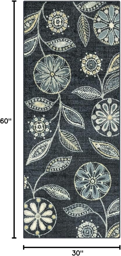 Maples Rugs Reggie Floral Runner Rug - Made in USA - Washable, Non Slip Indoor Carpet for Kitchen, Hallway, and Laundry Room, 2'6" x 5', Persian Blue