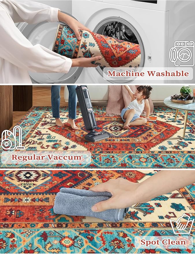 SERISSA Boho Washable Runner Rug, 2x5 Rug Runner Non-Slip Vintage Orange Hallway Kitchen Runner Rug Ultra Soft Print Distressed Tribal Floor Carpet Runner for Bedroom Bathroom Laundry Living Room