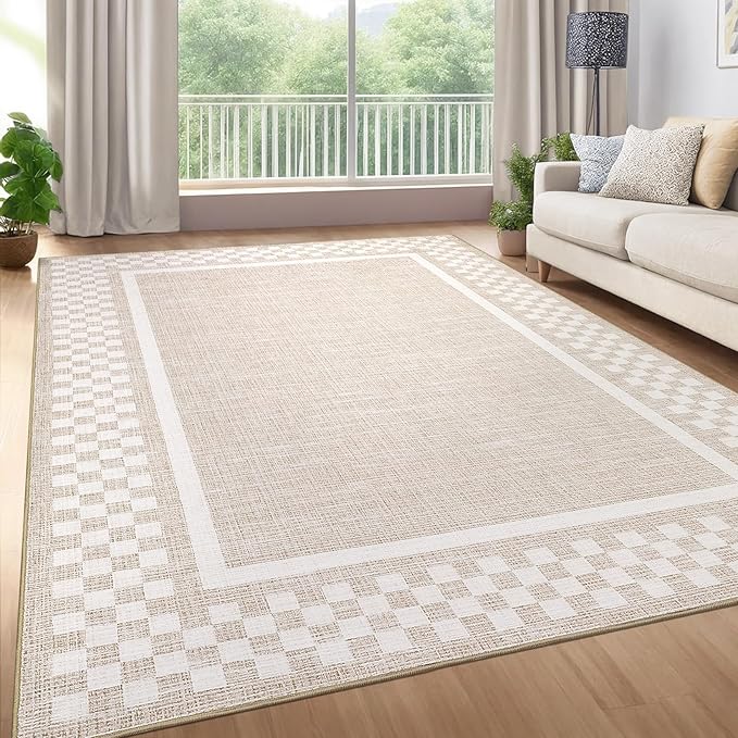GarveeHome Washable Area Rug 4x6 Small Living Room Rugs Modern Bordered Soft Dining Room Throw Carpet Low Pile Non Slip Checkered Bedroom Rug Geometric Carpet for Nursery Kitchen Home Office, Beige