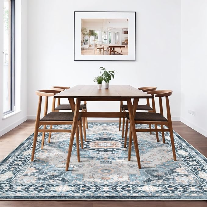 Washable 9×12 Area Rug for Living Room, Vintage Floral Rug Soft Non Slip Stain Resistant Boho Carpet for Indoor Bedroom Dinning Room Home Office Blue/Ivory