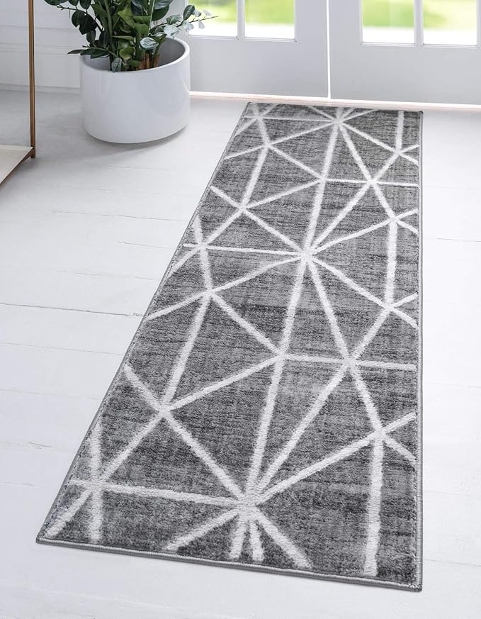 Rugs.com Lattice Trellis Collection Rug – 10 Ft Runner Gray Low-Pile Rug Perfect for Hallways, Entryways