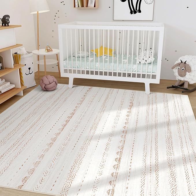 Nakagishi 7x9 Area Rug Living Room: Washable Boho Large Neutral Soft Farmhouse Modern Rugs Stain Resistant Moroccan Non-Slip Indoor Carpet for Bedroom Nursery Kids Playroom Office Dining Room- Brown