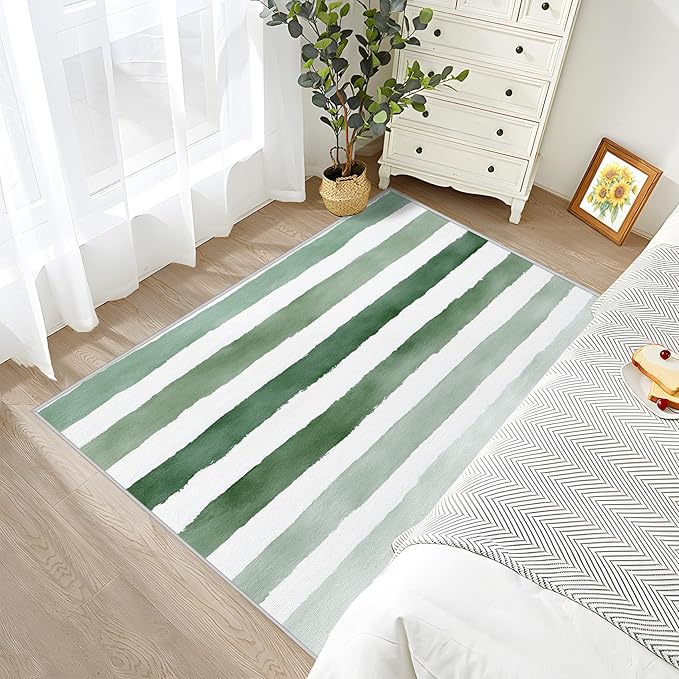 Striped Indoor Rugs for Entryway - 2x3ft - Green and White Stripe Minimalist Watercolor Washable Non Slip Low Pile Small Area Rug for Bedroom, Striped Carpet Home Decor & Gifts