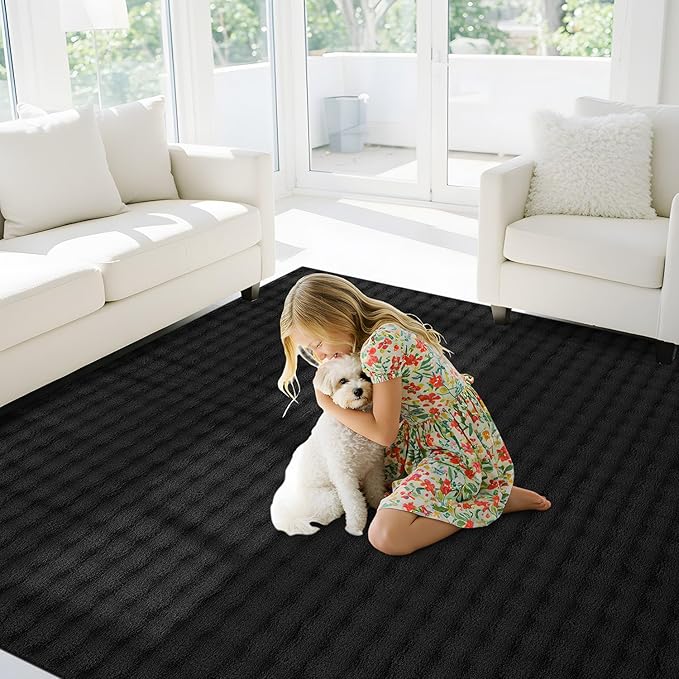CAMILSON Modern Black Non Slip Rug 5x7 Ultra Soft High Pile Area Rugs Non Skid Rubber Backing Durable & Easy to Clean Carpet for Living Room Bedroom Kids Room Indoor Use (5 x 7 Black)