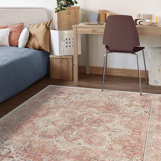 RUGGABLE Washable Area Rug – Kamran Rose Pink 6x9, Stain-Resistant, Non-Slip – Medium Machine Washable Rugs for Living Room, Bedroom, Hallway, Entryway & Office–with Cushioned Pad