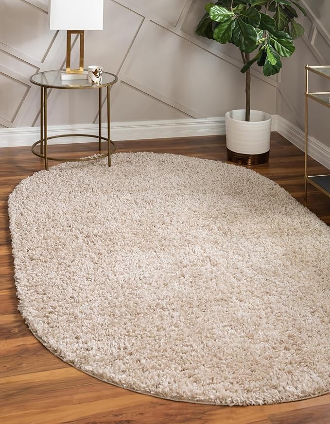 Unique Loom Davos Shag Collection Area Rug - Solid (5' 3" x 8' Oval, Linen)