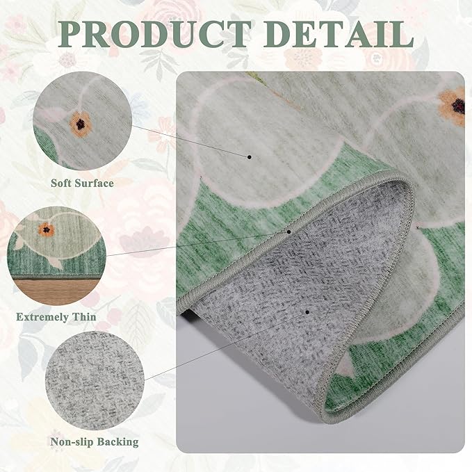 DUKINO 2x6 Kitchen Runner Rug for Hallway, Washable Runner Rug with Non Slip Backing, Low Pile Soft Boho Spring Floral Carpet for Kitchen, Hallway, Entryway, Laundry, Bedroom, Green