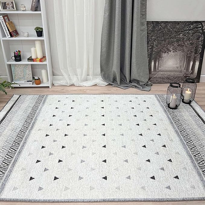 Alfa Rich 7x10 Gray Off White Washable Area Rugs for Living Room Bedroom Kitchen Dining Cotton Rug