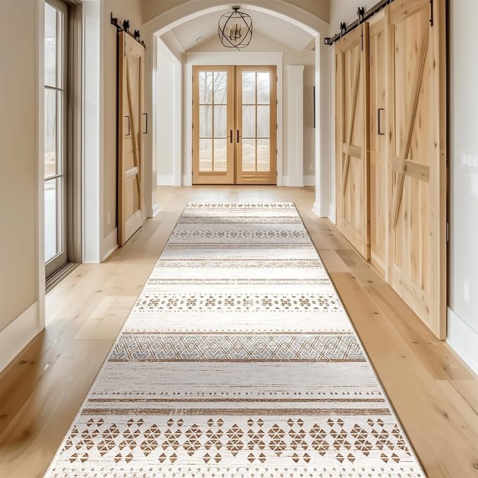 BESTSWEETIE 2x8 Area Rugs for Living Room Washable Moroccan Farmhouse Neutral Geometric Low Pile Non-Slip Soft Print Pattern Rug for Bedroom Kitchen Dining Room Entryway Cream/Brown/Pink