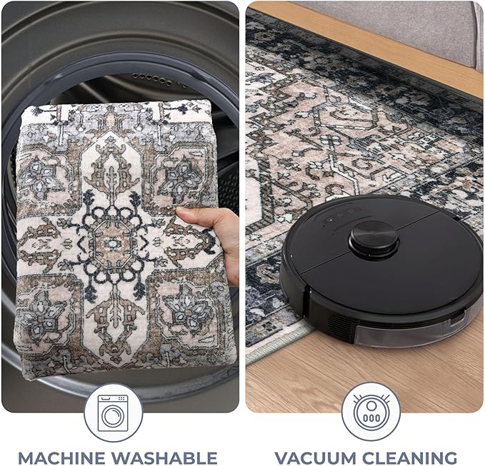 KOZYFLY Boho Area Rug 6x9 Ft Thin Washable Rugs for Bedroom and Living Room Faux Wool Printed Throw Carpet Non Slip Rug for Entryway Kitchen Dining Room, Black/Taupe/Beige