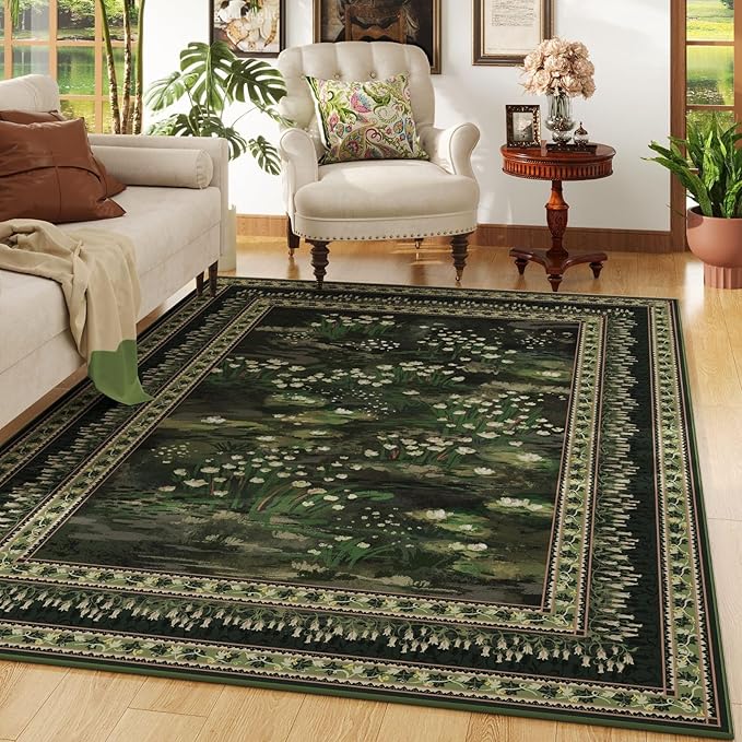 Rugcomf Area Rugs 9x12 Living Room Clearance Impressionist-Style Vintage Washable Rug Non Slip Low Pile Large Rug for Bedroom Farmhouse Dining Room Kids Playroom, Green