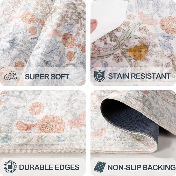Washable 2'6" x 10' Runners for Hallways, Non Slip Long Floor Runner for Kitchen, Entryway Indoor, Stain Resistant Rubber Backing Floral Décor Rug (Beige Blue)