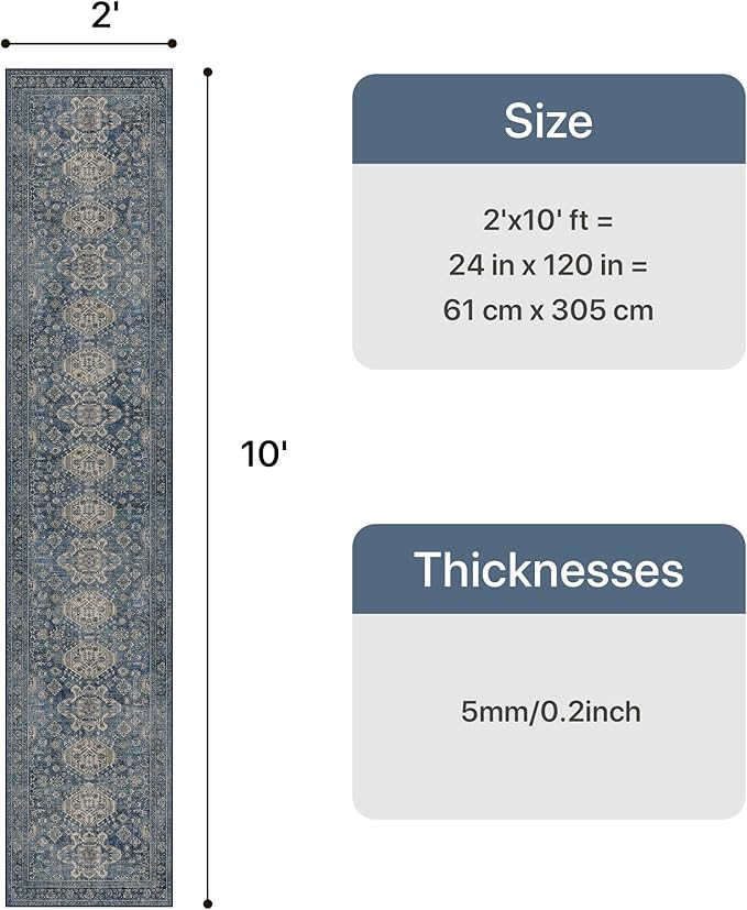 Bavni Washable Runners for Hallways 2X10, Ultra-Thin Non Slip Long Runner Rug, Print Vintage Aesthetic Carpet Runner, Low Pile Rugs for Kitchen Porch Bedroom, Blue