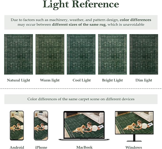 Moynesa Green 8x10 Living Room Rug, Vintage Washable Area Rug for Bedroom Dining Room Office, Low Pile Soft Non-Slip Retro Accent Carpets for Kitchen Indoor Nursery