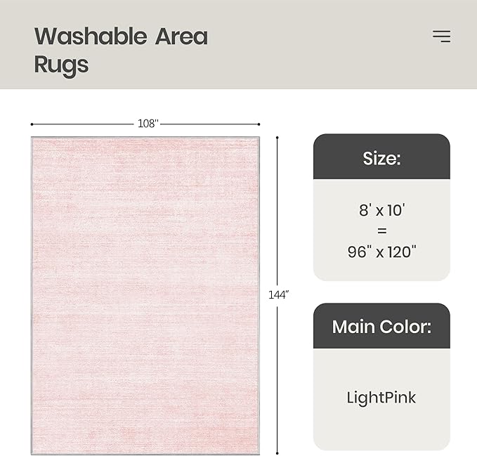 Valenrug Washable Rugs 8x10 - Non Slip 8x10 Area Rugs for Living Room, Stain Resistant Area Rugs for Bedroom, Foldable Machine Washable Area Rug(8'x10', Light Pink)