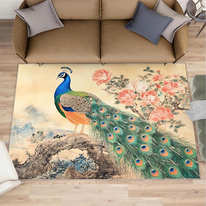 Peacock Peony Flower Area Rug 6x8-6x8 Rug, Classic Peacock Peony Rugs for Living Room, Oriental Carpet, Floral Animal Washable Area Rugs for Bedroom, Aesthetics Carpet - Peafowl Home Decor & Gifts