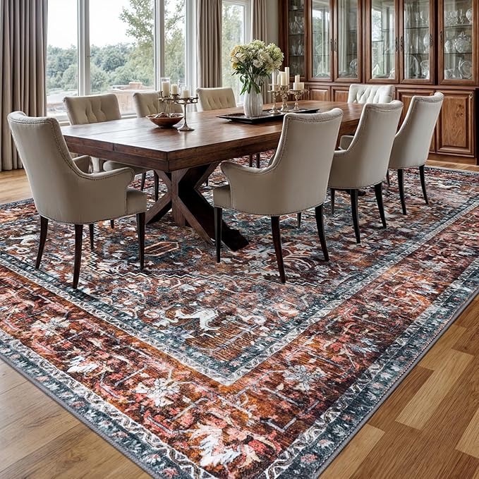 KOZYFLY Boho Area Rug 9x12 Ft Thin Rugs for Living Room Washable Bedroom Rug Non Slip Rugs Printed Faux Wool Vintage Bedroom Rug Floor Carpet for Dining Room Living Room, Brick Red/Orange/Green