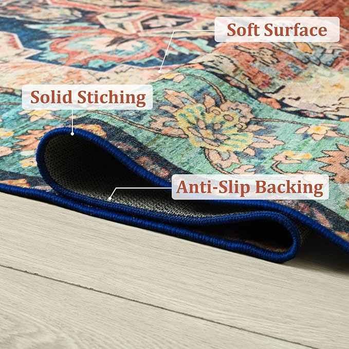 Area Rugs 5x7, Low Pile Washable Rugs, Soft Vintage Distressed Rugs for Bedroom, Living Room, Dining Room, Water Repellent, Non Shedding, Terracotta
