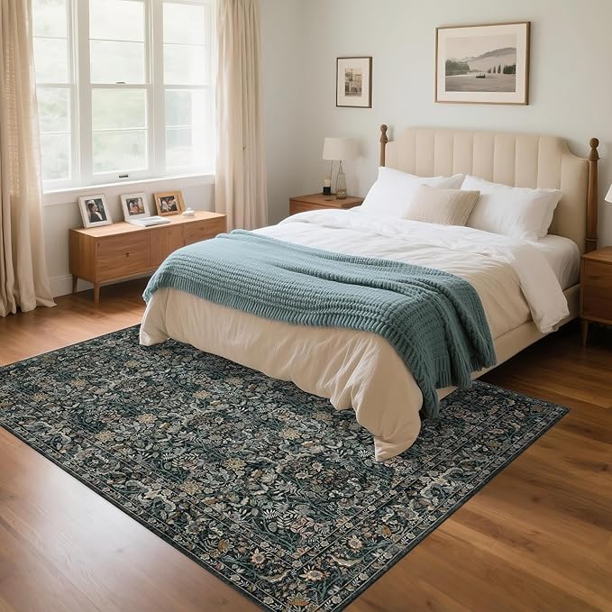 Washable Living Room Rug: 5x7 Boho Floral Soft Area Rug for Bedroom Decor - Vintage Low Pile Thin Carpet for Dining Room Non-Slip - Farmhouse Stain Resistant Rugs - Dark Green