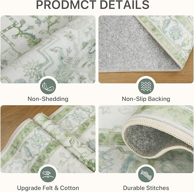 Runner Rug 2'6''x6 Non Slip Machine Washable Vintage Hallway Runner Rug, Low PileLight Weight Rugs for Entryway, Hallway, Kitchen and Corridor, Cream Green
