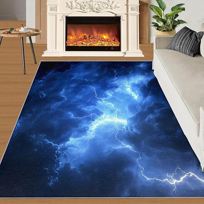 8x10 Dark Clouds Lightning Rugs for Living Room - Storm Large Area Rug, Natural Weather Modern Boy Nursery Rug Soft Washable for Classroom Office Bedroom Kids Room