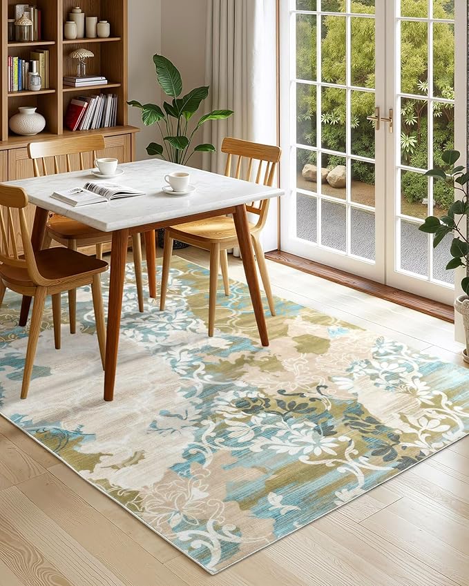 Washable Abstract Rug, 4x6 Willow Green and Blue Floral Area Rugs with Non-Slip Rubber Backed for Bedroom, Low Pile Modern Throw Carpet Kitchen Living Room Decor