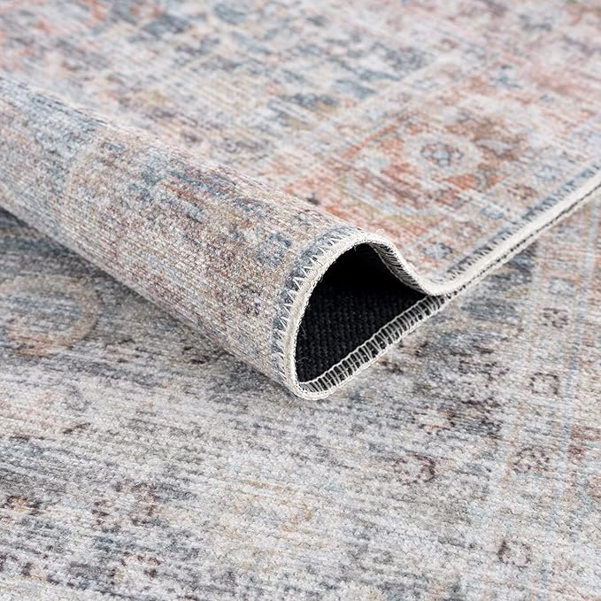 Bloom Rugs Caria Washable Non-Slip 8x10 Rug - Ocean Blue/Brick Traditional Area Rug for Living Room, Bedroom, Dining Room, and Kitchen - Exact Size: 7'8" x 10'