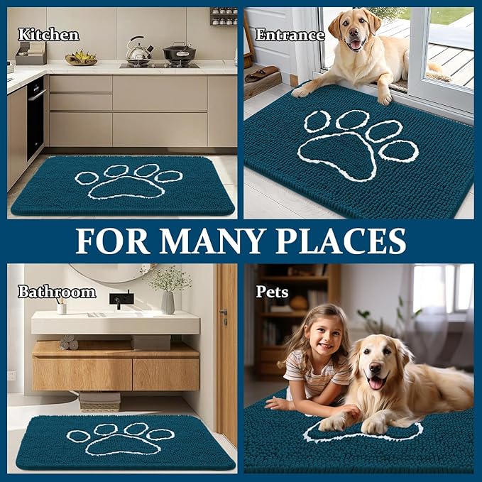 OLANLY Dog Door Mat for Muddy Paws 40x32, Paw Print Design, Absorbs Moisture and Dirt, Absorbent Non-Slip Washable Doormat, Quick Dry Chenille Mud Mat, Entry Indoor Entryway Carpet, Atlantic Blue