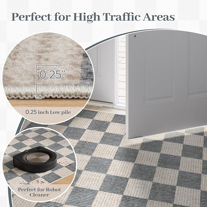 Machine Washable 5x7 Area Rugs for Living Room Checkered, Non Slip Soft Low Pile Geometric Modern Neutral Playroom Rugs for Bedroom Indoor, Large Carpet Rugs for Dining Room Kitchen(Grey, 5'x7')