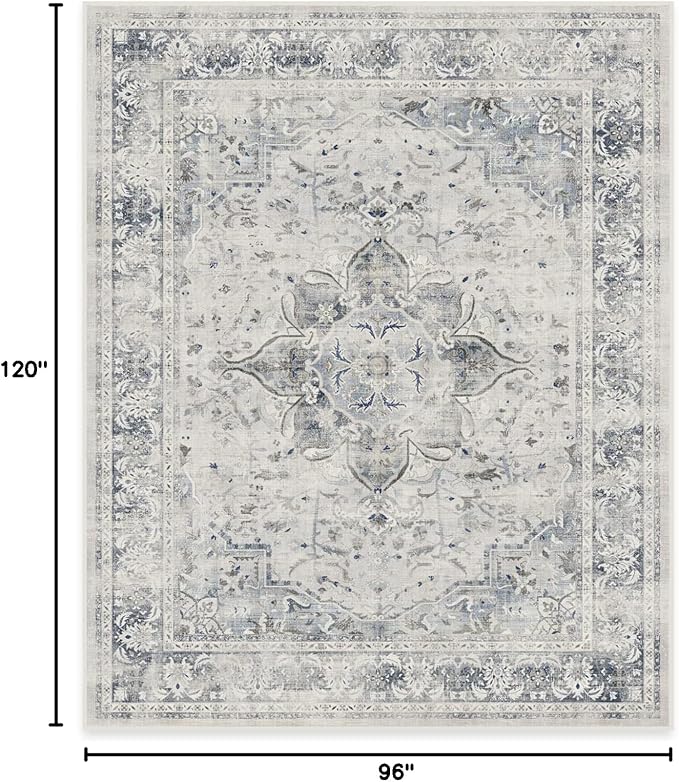 RUGGABLE Washable Vintage Area Rug – Sarrah Blue Quartz 8x10, Stain-Resistant, Non-Slip – Large Machine Washable Rugs for Living Room, Bedroom, Hallway, Entryway & Office–with Cushioned Pad