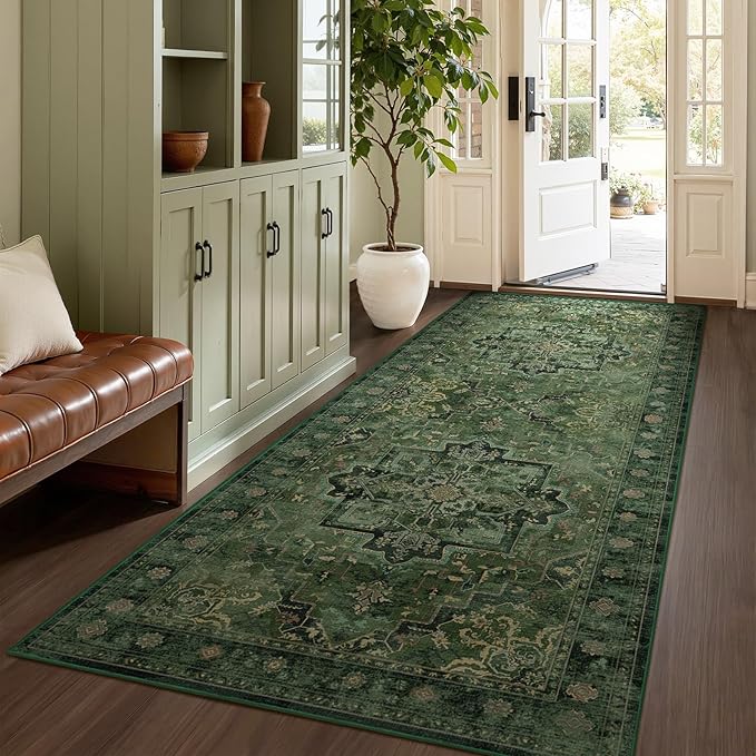 Moody Green 4x8 Area Rugs for Long Living Room, Washable Non Slip Wide Large Runner for Entryway Hallway 8ft, Distressed Medallion Carpet Rugs for Bedroom/Kitchen/Dining Room