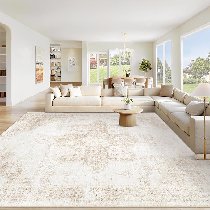 Area Rug 10x14 Washable Rug, Vintage Boho Medallion Rugs Non-Slip Soft Low Pile Large Distressed Rug Indoor Retro Carpet for Living Room Bedroom Dining Room Home Office (Beige, 10'x14')